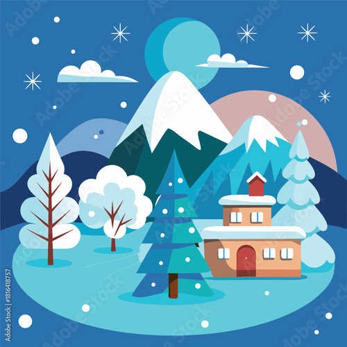 Cozy winter cabin in a snowy landscape, glowing windows, pine trees, mountains, moonlit night sky, falling snow, colorful vector illustration
