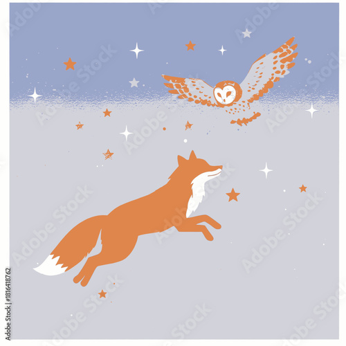 An orange fox leaps towards a flying owl under a starry night sky illustration.