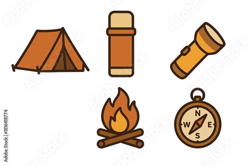 Essential camping and hiking equipment including tent, campfire, compass, flashlight, and thermos