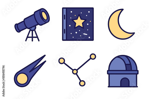 Astronomy and space science icons featuring telescope, crescent moon, constellation, and observatory