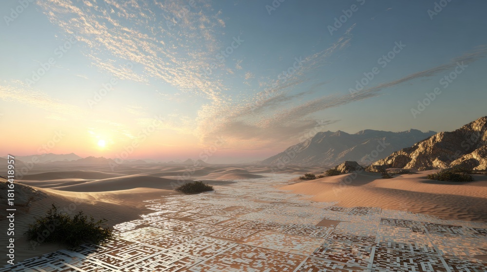 Naklejka premium Futuristic landscape of flowing sand dunes and particles