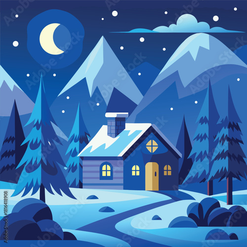 Cozy winter cabin in a snowy landscape, glowing windows, pine trees, mountains, moonlit night sky, falling snow, colorful vector illustration