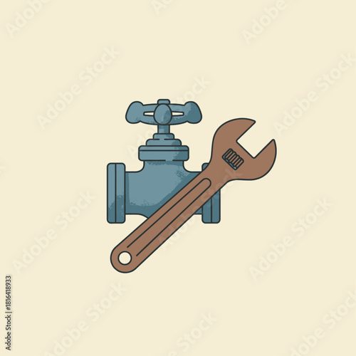 Illustration of a blue water valve and a brown wrench, symbolizing plumbing and repair work.