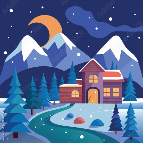 Cozy winter cabin in a snowy landscape, glowing windows, pine trees, mountains, moonlit night sky, falling snow, colorful vector illustration