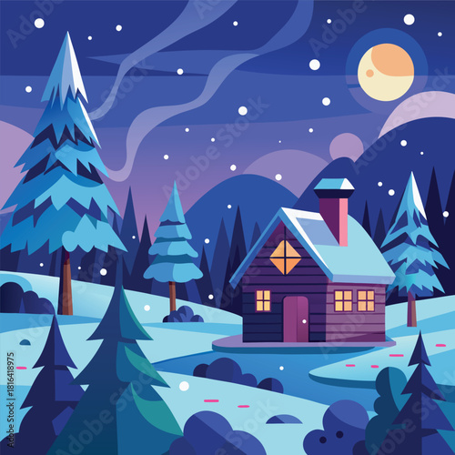 Cozy winter cabin in a snowy landscape, glowing windows, pine trees, mountains, moonlit night sky, falling snow, colorful vector illustration