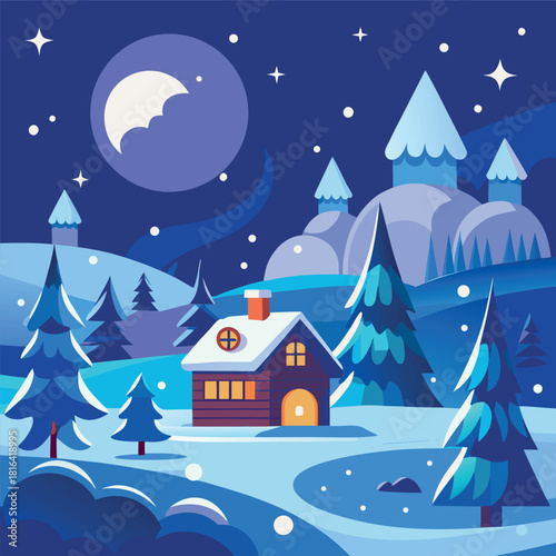 Cozy winter cabin in a snowy landscape, glowing windows, pine trees, mountains, moonlit night sky, falling snow, colorful vector illustration