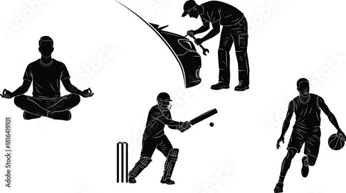 Silhouette vector illustration of meditation pose, car repair, cricket batting, and basketball dribbling in expressive black and white style