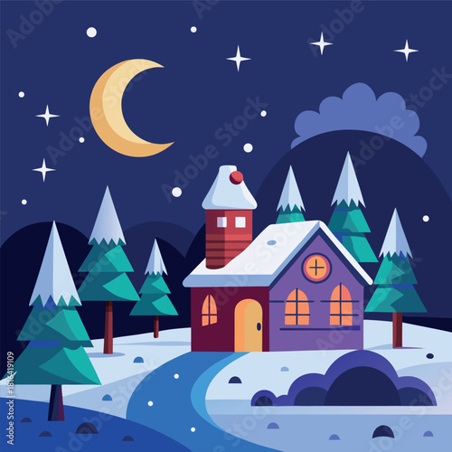 Cozy winter cabin in a snowy landscape, glowing windows, pine trees, mountains, moonlit night sky, falling snow, colorful vector illustration