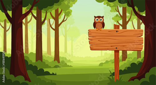Cartoon Forest Scene with Owl on Wooden Sign