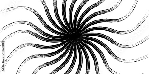 Hypnotic spirals background. Radial optical illusion. Black and white swirl tunnel wallpaper. Horizontal spinning concentric curves.
