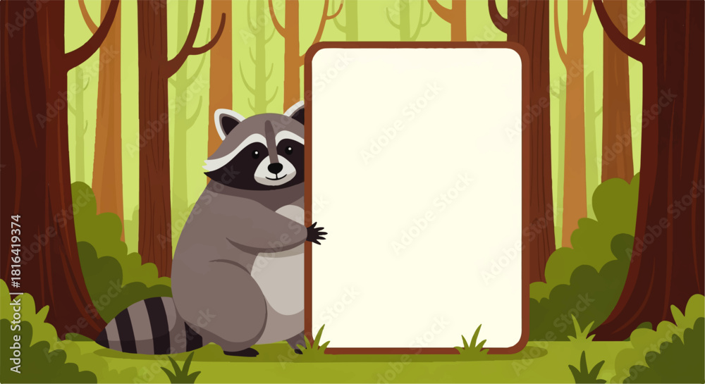 Fototapeta premium Cartoon Raccoon Holding Blank Sign in Forest with Transparent Background