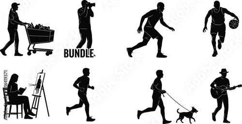 Silhouette vector illustration of shopping, photography, running, painting, dog walking, basketball, guitar playing in expressive black and white style