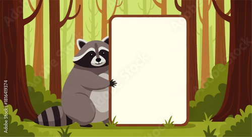 Cartoon Raccoon Holding Blank Sign in Forest with Transparent Background