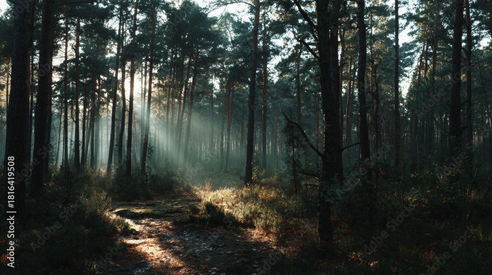 Obraz premium Atmospheric mood dense morning fog enveloping pine