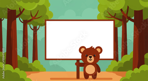 Cartoon Bear With Sign in Forest Scene Illustration