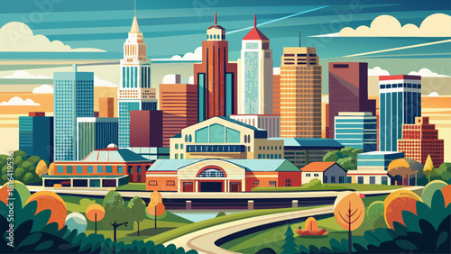 Very beautiful view of the downtown Akron, Ohio skyline, showcasing modern buildings, clean architectural lines, and a bright urban atmosphere that highlights the city’s contemporary character.