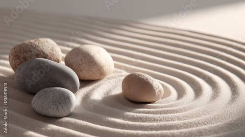 Minimal zen garden with smooth stones and calming soft light. Sand zen garden with smooth stones, gentle shadows, soft diffused lgith, meditative minimal composition, calming visual balance.
