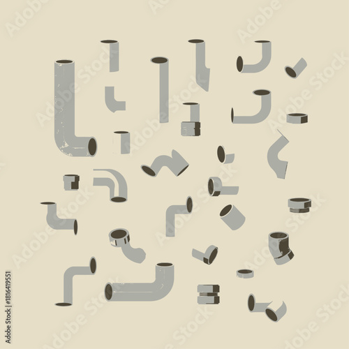 An assortment of grey pipe segments and connectors, including straight, curved, and angled pieces, scattered on a light background, representing plumbing or industrial infrastructure elements.