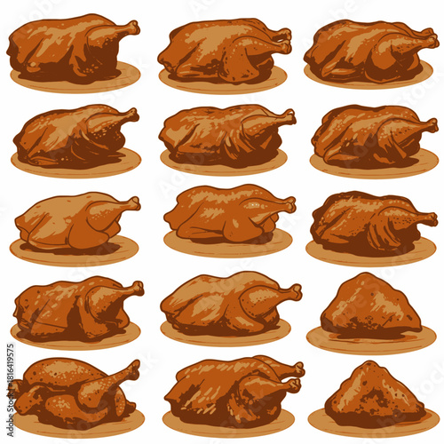 A grid of fifteen roasted whole chickens, each with golden-brown skin, presented in various angles on a light background.