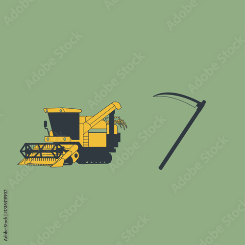 A yellow combine harvester and a dark grey scythe on a plain green background, representing modern and traditional harvesting tools.