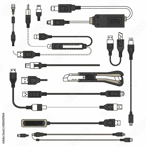 A comprehensive collection of various computer cables, adapters, and connectors, including USB, HDMI, and audio jacks, alongside office tools.