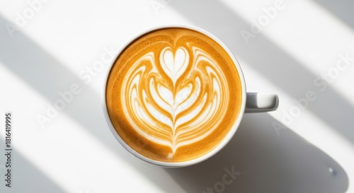 Delicious latte coffee with beautiful heart and leaf latte art, isolated on white background