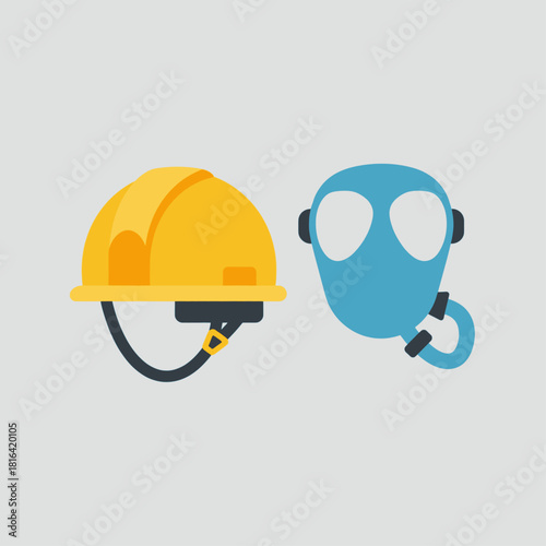 A yellow hard hat and a blue gas mask, essential personal protective equipment for safety.