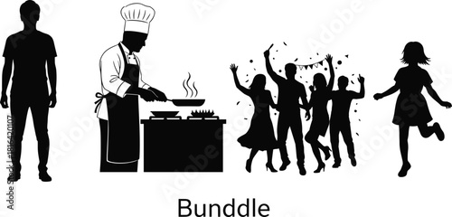 Silhouette vector of people cooking, celebrating, standing, and playing with festive elements, lifestyle themes, and expressive human activities included