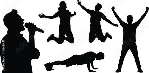 Silhouette vector of expressive people in motion including singing, jumping, exercising, celebrating, and performing energetic lifestyle activities