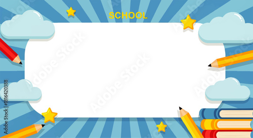 School Frame with Clouds, Stars, Pencils, and Books
