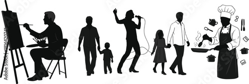 Silhouette vector set of artist painting, parent with child, singer performing, chef cooking, lifestyle activity, profession, black icons, illustration