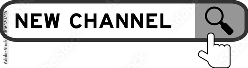Search banner in word with new channel hand over magnifier icon on white background
