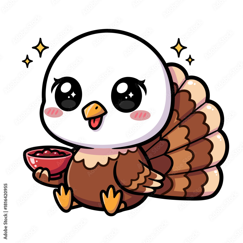 Obraz premium Adorable cartoon turkey chick happily presents a bowl of festive cranberry sauce, perfect for holiday cheer