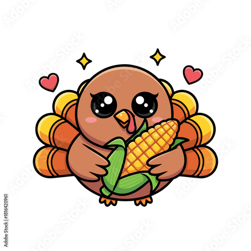 Adorable cartoon turkey character illustration holding a ripe ear of corn, perfect for festive holiday designs and graphic elements