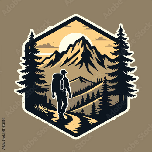 Vintage logo badge of man trail hiking mountain pine tree forest and lake river with backpack. Rustic outdoor retro old emblem editable vector illustration