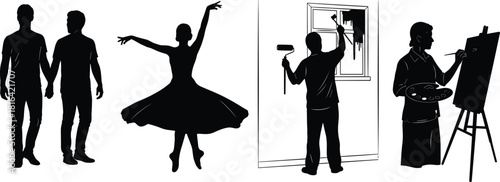 Silhouette vector set of couple, ballerina, wall painter, and canvas artist – lifestyle, creative, and expressive activity icons colle