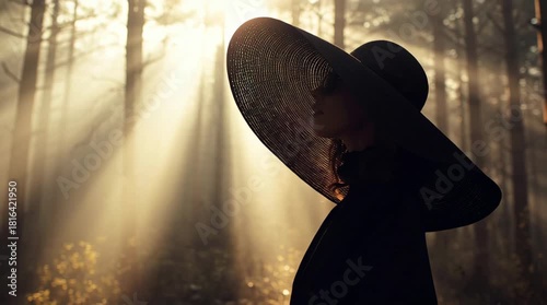 A silhouette of a person wearing a large hat stands in a sunlit forest, bathed in ethereal light.