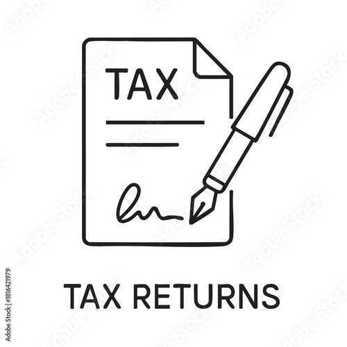 A simple line drawing depicts a tax document and a pen indicating tax filing and returns