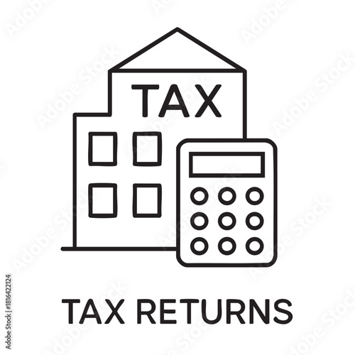 A simple black and white line drawing depicts tax forms a calculator and the word tax prominently displayed