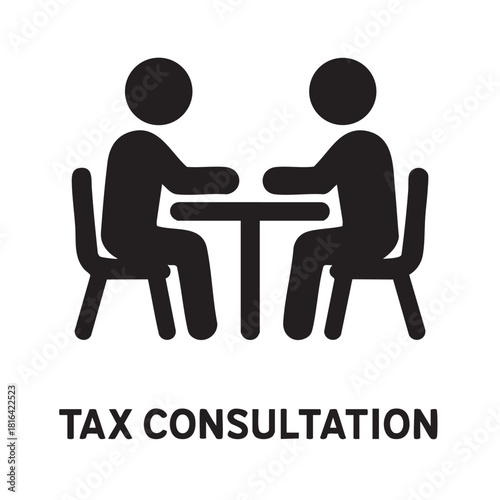 A simple black and white graphic depicts two people seated at a table in discussion