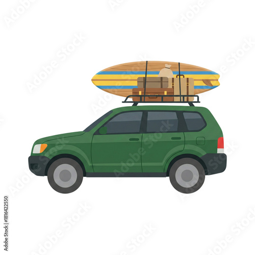 Green SUV Packed for Adventure A Summer Road Trip Illustration with Surfboard, Luggage, and Cooler on Roof Rack, Ready for Vacation Travel and Outdoor Fun
