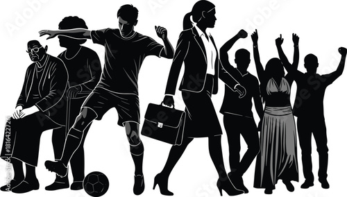 Silhouette vector set of elderly care, soccer players, businesswoman walking, and people celebrating in lifestyle, social, and professional activities