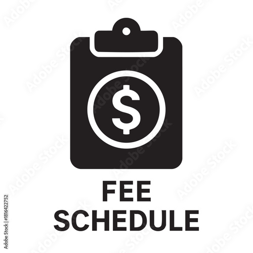 a black and white icon depicting a clipboard with a dollar sign and the word fee