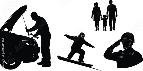 Silhouette vector set of mechanic, family, snowboarder, soldier saluting, lifestyle activity, outdoor sport, service profession, black icons, illustration