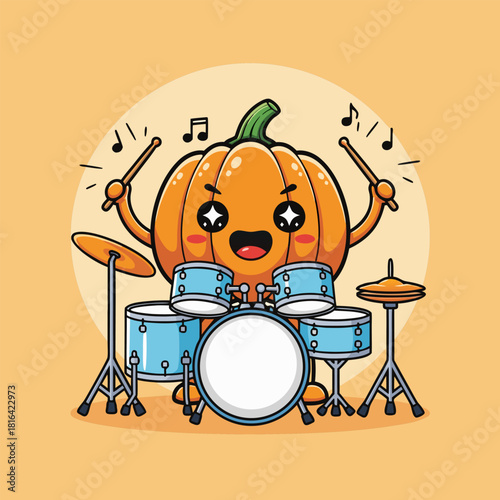 Vibrant cartoon pumpkin drummer joyfully playing a complete drum set with musical notes and enthusiastic expression