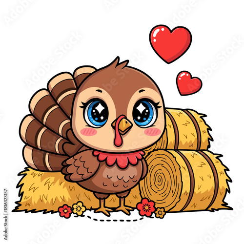 Adorable Cartoon Thanksgiving Turkey Illustration with Hay Bales and Hearts, Celebrating Autumn Harvest Joy