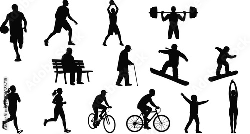 Silhouette vector set of people doing sports, exercise, stretching, cycling, snowboarding, weightlifting, and daily lifestyle activities outdoors