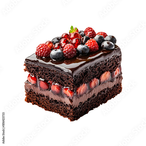 A decadent slice of chocolate cake with rich chocolate layers, a smooth, creamy filling, and fresh berries like raspberries, strawberries, and blueberries.
