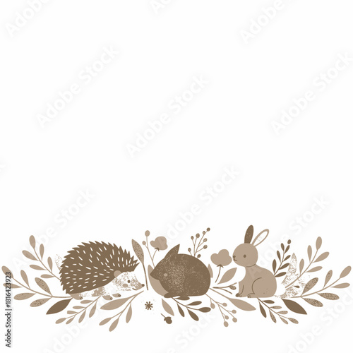 Stylized illustration of a hedgehog, guinea pig, and rabbit among botanical elements in a gentle brown palette.