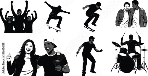 Silhouette vector set of people skateboarding, celebrating, playing drums, laughing, and enjoying friendship in expressive lifestyle and youth activities